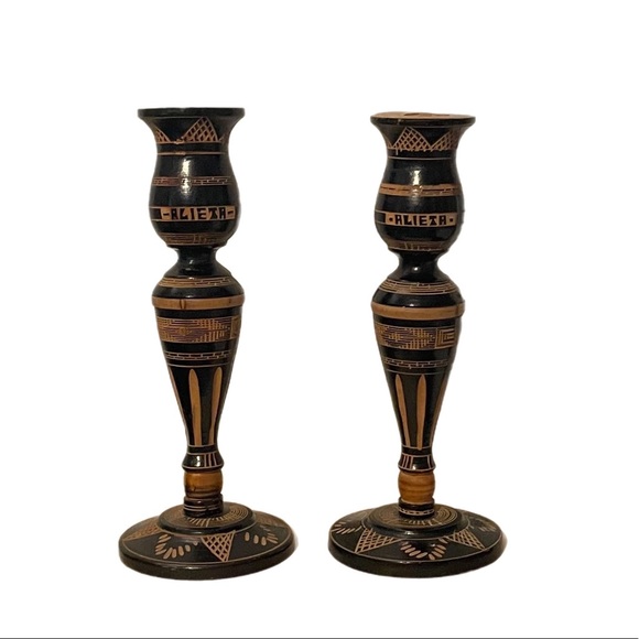 Vtg Mexican Carved Wooden Pedestal Candleholders - Picture 2 of 5